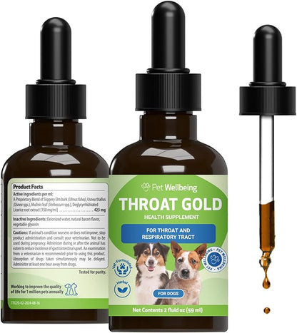 Pet Wellbeing Throat Gold for Dogs - Supports Collapsed Trachea & Throat Discomfort with Mullein & Slippery Elm for Kennel Cough - NASC Certified & Vet-Formulated 2 oz Liquid Formula