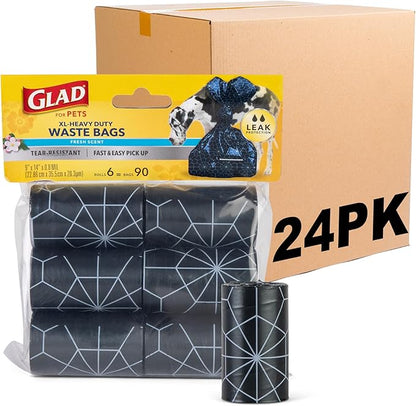 Glad for Pets Extra Large Scented Dog Poop Bags, Heavy Duty Tear-Resistant Pet Waste Pickup Bags with Fresh Scent, Easy-Tie Handles for Walking, Camping, Travel, 90 Count - 24 Pack