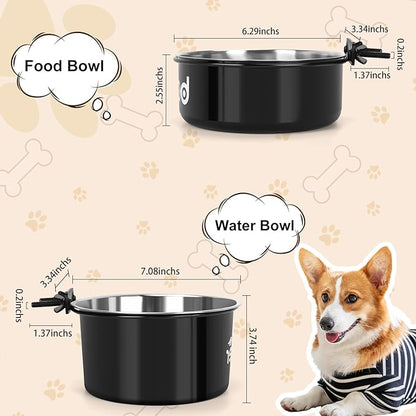 Crate Water Bowl No Spill for Large Dogs, Removable Stainless Steel Dog Bowls for Food and Water, Dog Kennel Hanging Wet and Dry Food Feeder for Medium/Large Pets, (7.1"x3.7" & 6.3"*2.6", Black)
