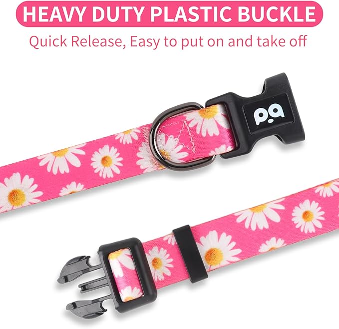 QQPETS Adjustable Soft Dog Collar: Print Flower Pink Multicolor Cute Patterns for XS Small Medium Large Pet Girl Boy Puppy Walking Running Training (M, Small Daisies)