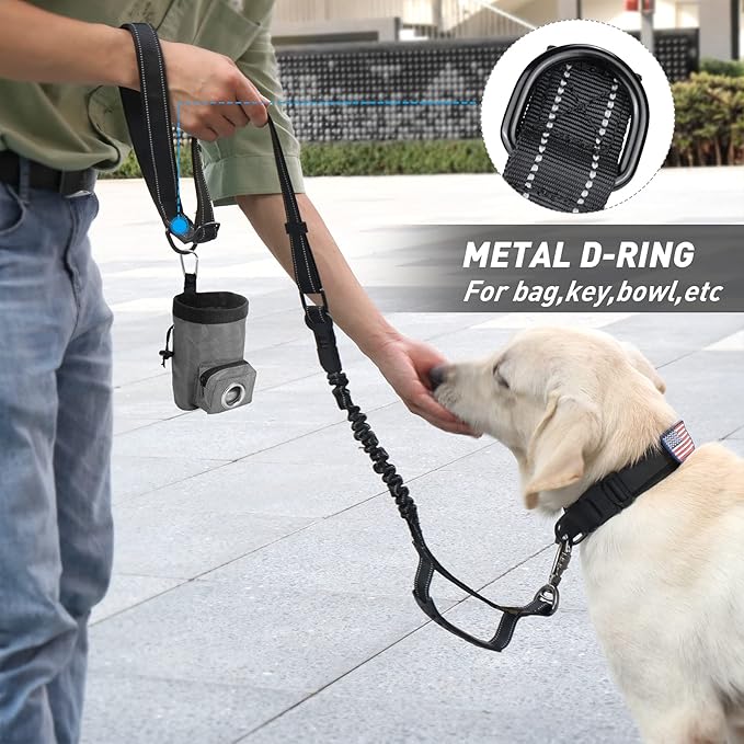 Hotsky Tactical Dog Leash Heavy Duty for Medium Large Dogs that Pull,4-6Ft Strong Bungee Shock Absorbing No Pull Dog Leash with Padded Double Handle and Car Seatbelt,Reflective Black