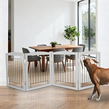 ZJSF Freestanding Foldable Dog Gate for House Extra Wide Wooden Grey Puppy Gate Stairs Dog Gates Doorways Tall Pet Gate 24" Height 4 Panels Pet Fence