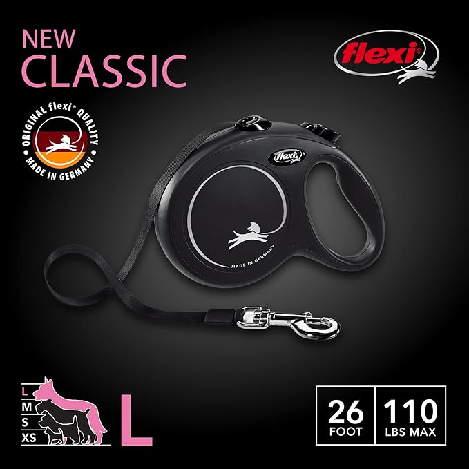 FLEXI New Classic Tape Retractable Dog Leash for Large Dogs Upto 110 lbs. – 26 ft., Black | Tangle Free Pet Walking Leash with One-Handed Brake, Pause, Lock|German Quality Product