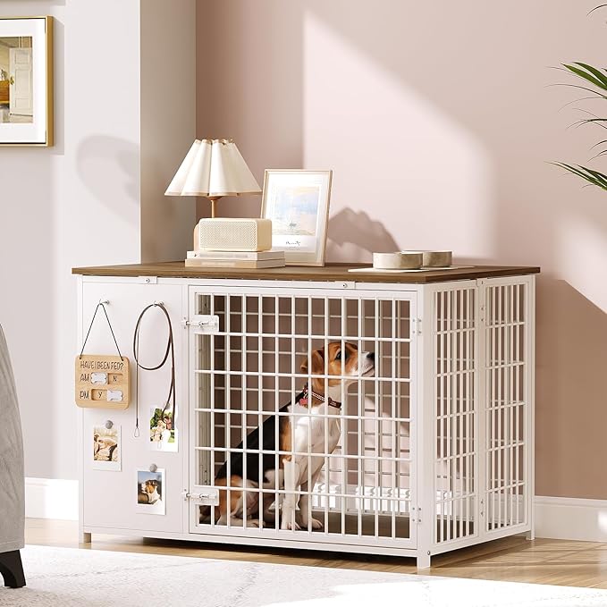 YATINEY Foldable Dog Crate Furniture, Dog Crate with DIY Frame, Heavy Duty Dog Kennel Indoor with Hooks, Wooden Dog Cage End Table, for Small/Medium Dogs, White and Walnut DC95WH