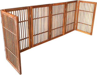 Urnporium Pet Dog Gate Freestanding, Strong Durable Folding Wooden Fence, Portable Acacia Hardwood Safety Barrier for Indoor & Outdoor Use (Brown Pet Gate, 6 Panel 30" Tall)
