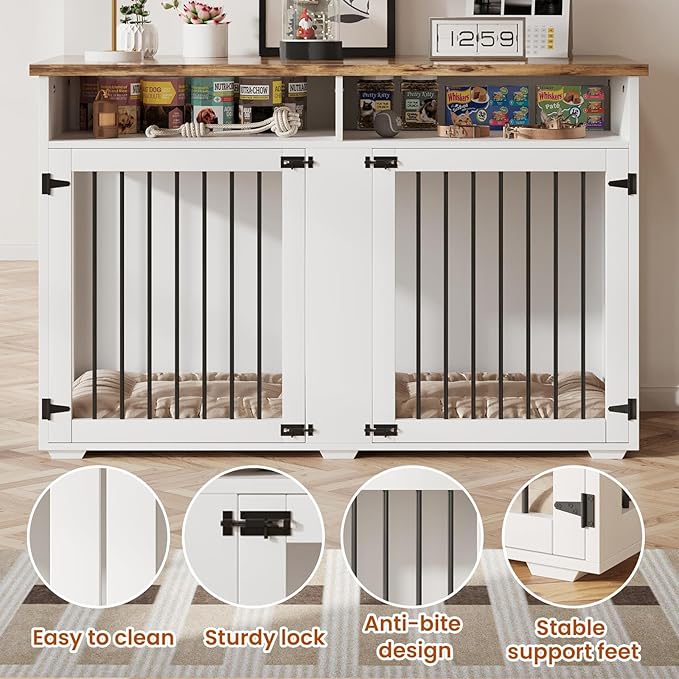 55'' Dog Crate Furniture for 2 Dogs, Wooden Dog Cage with Storage Compartment, Indoor Dog Kennel with 2 Doors for Large/Medium Dogs, White