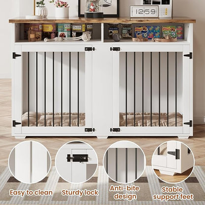 55'' Dog Crate Furniture for 2 Dogs, Wooden Dog Cage with Storage Compartment, Indoor Dog Kennel with 2 Doors for Large/Medium Dogs, White