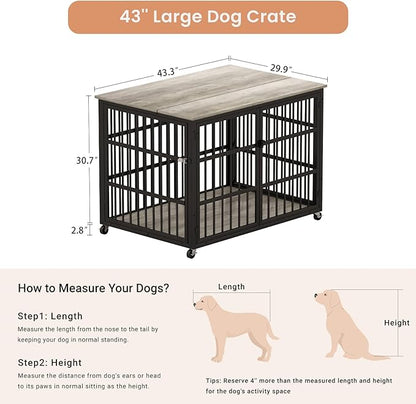 Aoowow Dog Crate Furniture for Small Medium Dogs, 43.3" Dog Kennel Indoor End Table with Side Doors, Iron Heavy Duty Dog Cage with Wheels, Grey