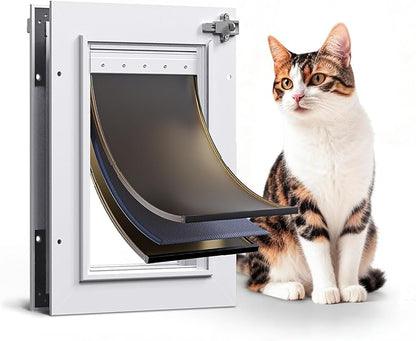 Cat Door Interior Door All Aluminum White 3 Flaps, for Exterior Door Small Cat Dog Doggy Doggie Door, Heavy Duty Pet Door, Insulation Flap, Lockable Closing Panel Telescoping Tunnel, Pets Up to 22lbs