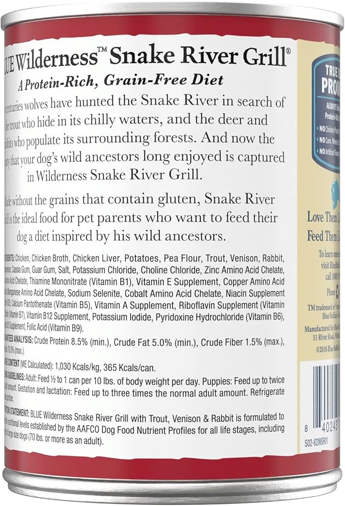 Blue Buffalo Wilderness Snake River Grill Natural High Protein Wet Food for Adult Dogs, Trout, Venison & Rabbit, 12.5-oz Cans, 12 Count
