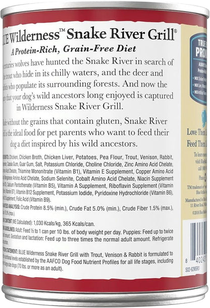 Blue Buffalo Wilderness Snake River Grill Natural High Protein Wet Food for Adult Dogs, Trout, Venison & Rabbit, 12.5-oz Cans, 12 Count