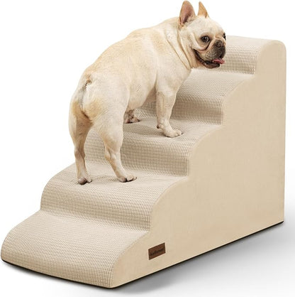 Aodisman 5-Step Dog Stairs and Ramp for High Bed,Non-Slip Sturdy Pet Steps for Small Dogs and Cats,22.2" H,Beige