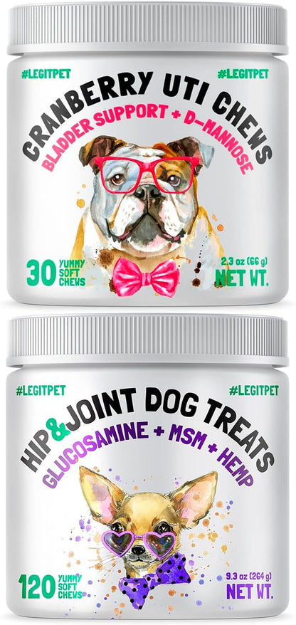 Cranberry UTI Chews for Dogs Bladder Support + D-Mannose Supports Kidney Urinary Tract 30 Chews and Hemp Hip & Joint Supplement for Dogs 120 Soft Chews
