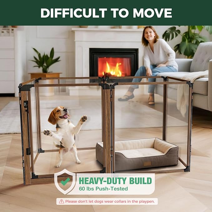 FXW AuraSpace Pro Acrylic Indoor Dog Playpen, Heavy-Duty with Metal Frame, 32" Height 6 Panels for Small and Medium Dogs, Walnut│Patented