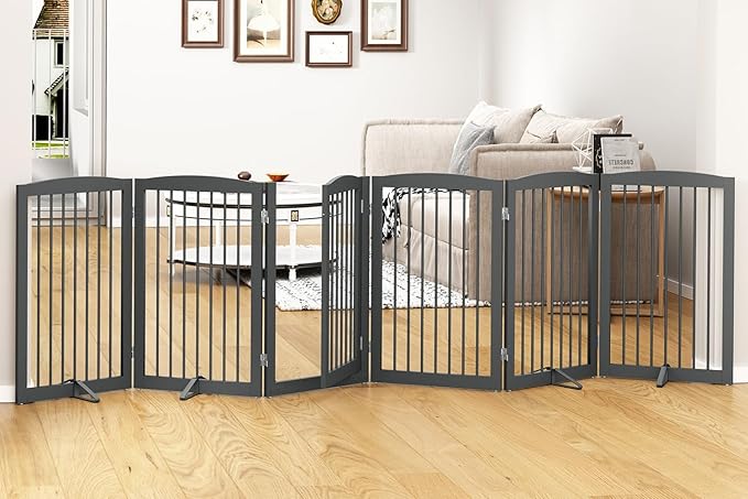 PUPETPO Freestanding Pet Gate with Door, Tall Dog Gate for House, Extra Wide, Pet Puppy Safety Fence, Support Feet Included, 120 Inch Wide, 6 Panels 32" Tall, Gray