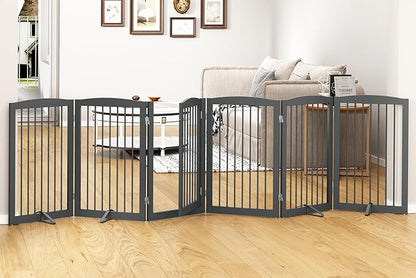PUPETPO Freestanding Pet Gate with Door, Tall Dog Gate for House, Extra Wide, Pet Puppy Safety Fence, Support Feet Included, 120 Inch Wide, 6 Panels 32" Tall, Gray