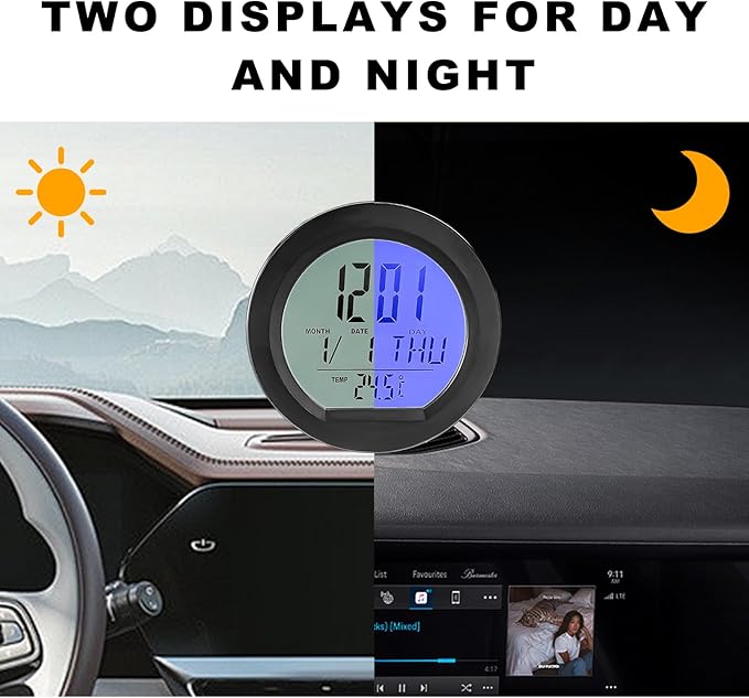 Car Digital Thermometer Clock, Battery Powered Mini Dashboard Clock with Date & 12/24 Hour Format Time, Adhesive LCD Display Watch with Backlight for Vehicle Office Home