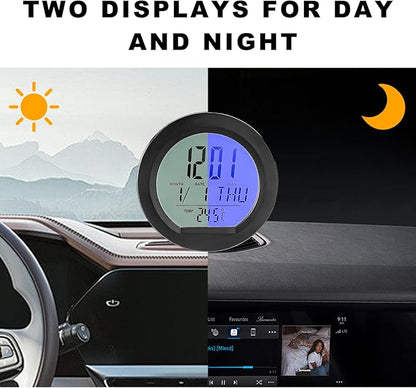 Car Digital Thermometer Clock, Solar Powered Mini Dashboard Clock with Date & 12/24 Hour Format Time, Adhesive LCD Display Watch with Backlight for Vehicle Office Home
