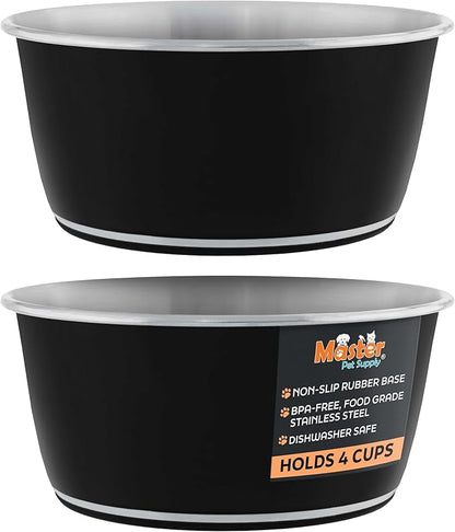 Master Pet Supply Stainless Steel Dog Bowls Set of 2 (32 Oz Each) with Non-Slip Rubber Base - Black Velvet - Basic Dog Food Bowl Water & Food Bowls for Small Medium Large Dogs & Cats, Metal Dish