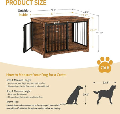 Hzuaneri 39.3" Dog Crate Furniture with Barn Door, Heavy Duty Dog Kennel Indoor with 2 Doors, Wooden Pet Cage End Table for Large Small Medium Dogs, Anti-Chew Anti-Escape, Rustic Brown DFC02301B