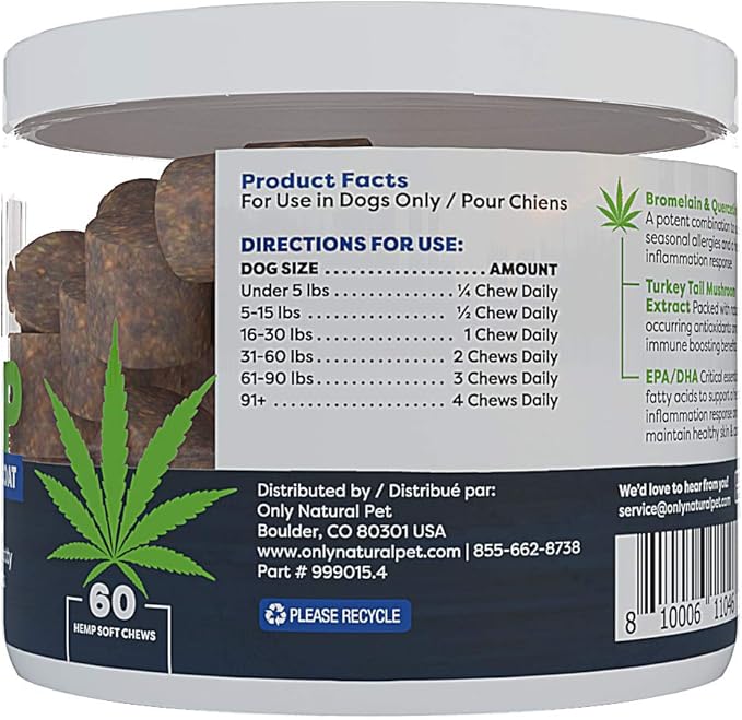 Only Natural Pet Allergy, Skin & Coat Hemp Soft Chews - Allergy Immune Bites for Dogs, Omega 3 Supplement, Calming Treats for Itchy Skin Relief, Hot Spot - (60 Count) (AL.)