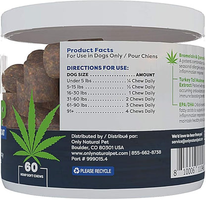 Only Natural Pet Allergy, Skin & Coat Hemp Soft Chews - Allergy Immune Bites for Dogs, Omega 3 Supplement, Calming Treats for Itchy Skin Relief, Hot Spot - (60 Count) (AL.)