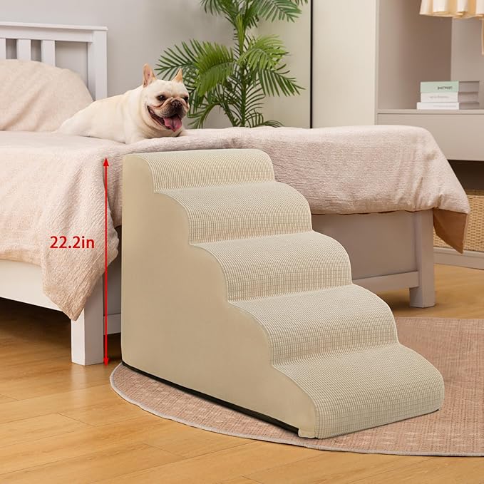 Aodisman 5-Step Dog Stairs and Ramp for High Bed,Non-Slip Sturdy Pet Steps for Small Dogs and Cats,22.2" H,Beige