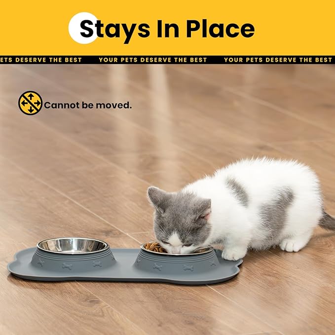 Conlun Dog Bowls with Silicone Feeding Mat,No Spill Food Water Dish Set,Dishwasher Safe,2 Stainless Steel Puppy Bowls with Dogs Bandanas,Suitable for Tiny Pets Under 8lbs,Extra Small,Grey