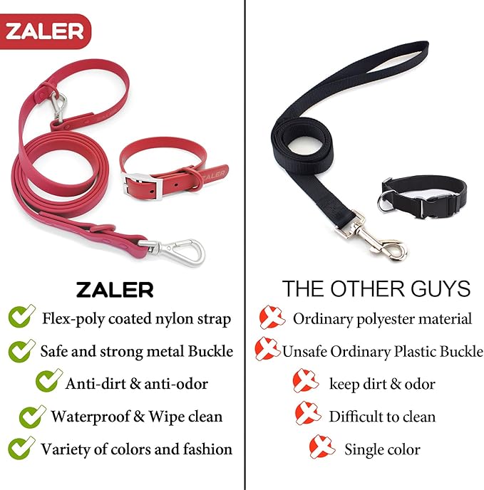 ZALER Dog Collar and Leash Set, Waterproof Adjustable Odor Proof Pet Collars Leashes Easy to Clean, 6FT Dog Leash with 2 Hooks for Large, Medium Small Dogs (XL, Red)