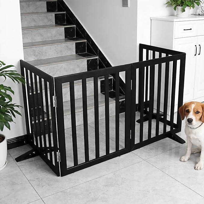 Dog Gate Indoor, Freestanding Dog Fence for The House, Doorways, Hallways,or Stairs,Pet Gate Foldable Wooden,Expandable 24" Height 4 Panels,Black
