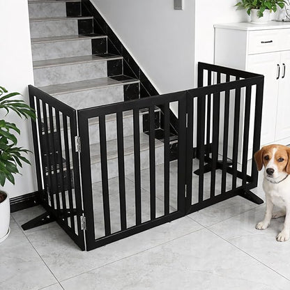 Dog Gate Indoor, Freestanding Dog Fence for The House, Doorways, Hallways,or Stairs,Pet Gate Foldable Wooden,Expandable 24" Height 4 Panels,Black