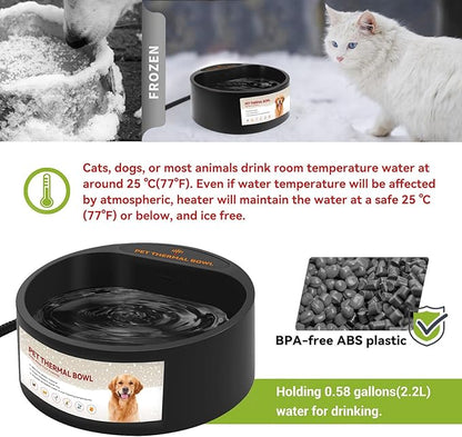NAMSAN Heated Water Bowl for Outdoor Cats, 2.2L Heated Dog Bowl, Provides Drinkable Water in Winter, Heated Pet Drinker for Chickens Rabbits Birds Bath, Livestock Thermal Watering Trough, Black