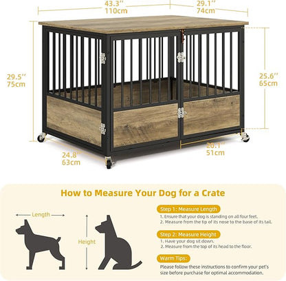 DWVO Dog Crate Furniture with Wheels, 43 Inch Dog Kennel Indoor Furniture End Table Dog Crate for Dogs, Farmhouse Decorative Wooden Dog Cage Table with Double-Doors, Chew-Resistant, Greige