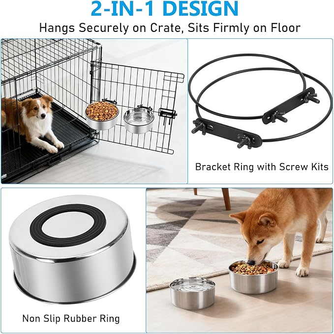 Dog Bowl for Crate, ShineMe 2 Pack 54oz & 34oz Nonslip Rubber Bottom Stainless Steel Food a Water Kennel Bowls Mountable on Cage Dog Hous