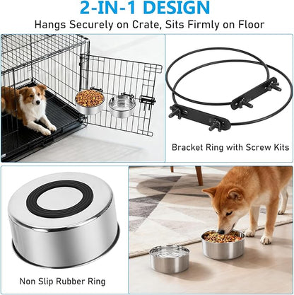 Dog Bowl for Crate, ShineMe 2 Pack 54oz & 34oz Nonslip Rubber Bottom Stainless Steel Food a Water Kennel Bowls Mountable on Cage Dog Hous