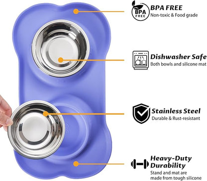 Hubulk Pet Dog Bowls 2 Stainless Steel Dog Bowl with No Spill Non-Skid Silicone Mat + Pet Food Scoop Water and Food Feeder Bowls for Feeding Small Medium Large Dogs Cats Puppies (Medium, Purple)