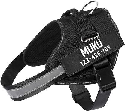 MUMUPET Custom Dog Harness Vest with 2 Personalized Name & Phone Patches, No Pull Reflective Adjustable with Handle, Soft Breathable Padding for Medium Dogs (Black, M)