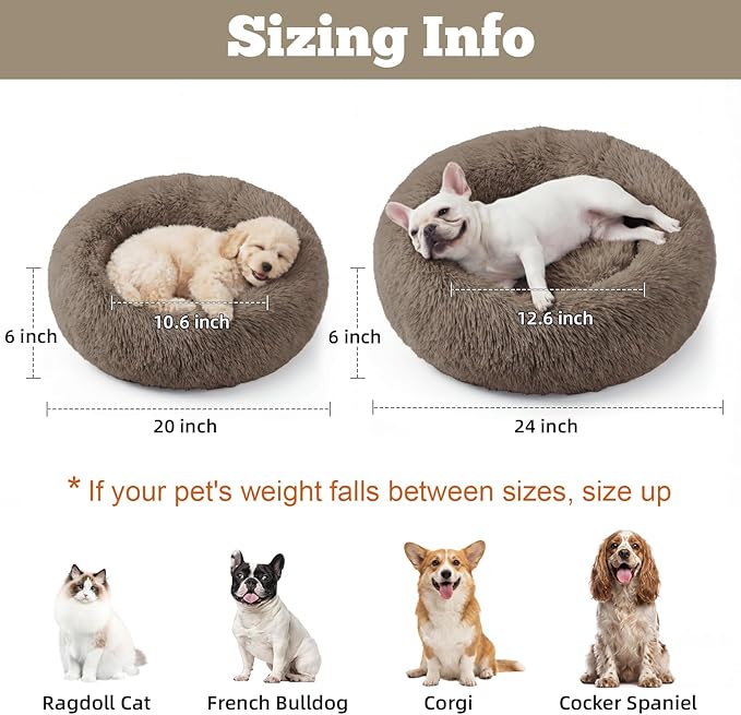 WROS Calming Dog Bed, 24" x 24" x 6" Fits Cat & Dog, Anti-Slip Round Washable Faux Fur for Doze Off, Napping Orthopedic, Khaki