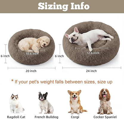 WROS Calming Dog Bed, 24" x 24" x 6" Fits Cat & Dog, Anti-Slip Round Washable Faux Fur for Doze Off, Napping Orthopedic, Khaki