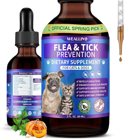 WEALLIN Flea and Tick Prevention Support for Cats and Dogs Natural Flea Treatment Drops with Multivitamin for Pets Oral Natural Supplement Flea and Tick Treatment Drops for All Breeds and Ages
