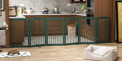 PUPETPO Freestanding Pet Gate for Dogs, Foldable Wooden Dog Gate for House, Extra Wide Indoor Pet Barrier for Stair, Doorway, Hall, Support Feet Included, 120 Inch Wide, 6 Panels 24",Green
