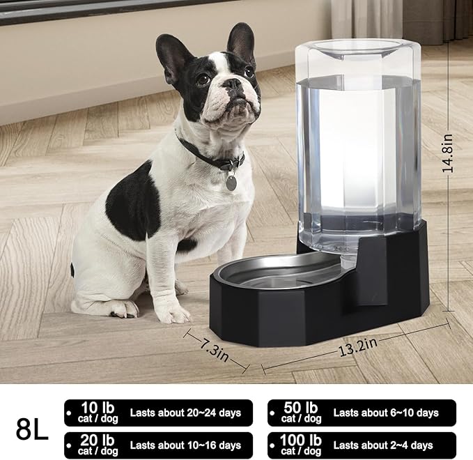 Sfozstra Large Dog Water Dispenser: 8L Large Capacity Gravity Water Feeder - Less Refills for Multi-Pet Homes - Stainless Steel Bowl - Easy Refill & Maintenance - for Medium/Large Dogs - Garage/Patio