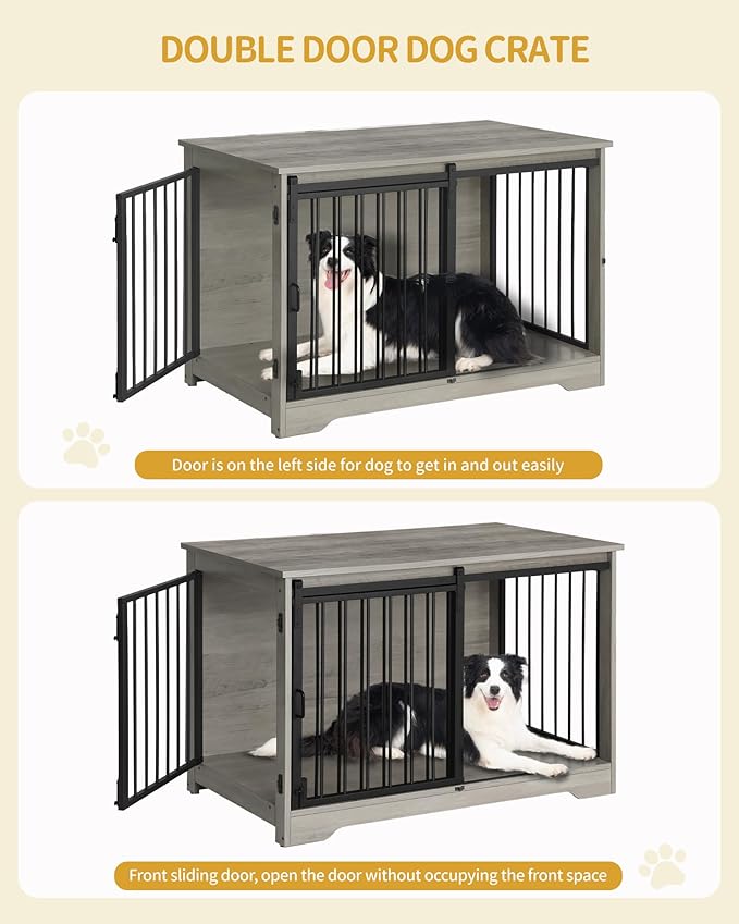Hzuaneri 39.4" Heavy Duty Dog Crate Furniture with Barn Door, Wood Indoor Dog Crate Kennel for Small/Medium/Large Dogs, End Side Table, TV Stand, Greige Black DFC02305B