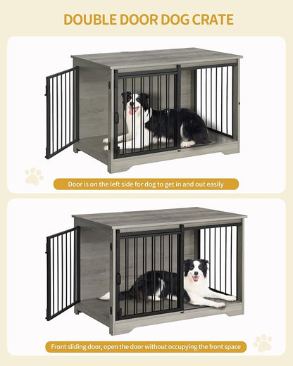 Hzuaneri 39.4" Heavy Duty Dog Crate Furniture with Barn Door, Wood Indoor Dog Crate Kennel for Small/Medium/Large Dogs, End Side Table, TV Stand, Greige Black DFC02305B