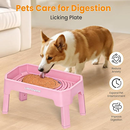 URPOWER 3-in-1 Elevated Dog Bowls - Mess Proof Double Deck 4 Height Adjustable Raised Stand with 2 Stainless Steel Food Bowls & Licking Plate for Small, Medium & Large Dogs