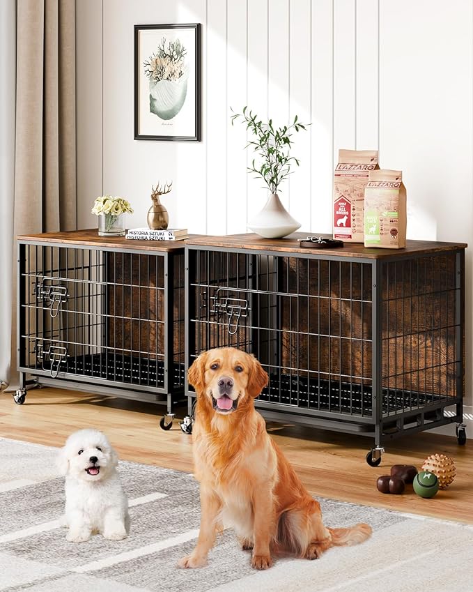 Furniture Style Dog Crate With Removable Tray and Wheels, 2024 New Heavy-Duty Double-Doors Cage End Table, 27.2" Wooden Kennel, Indoor House for Large Dogs, Brown