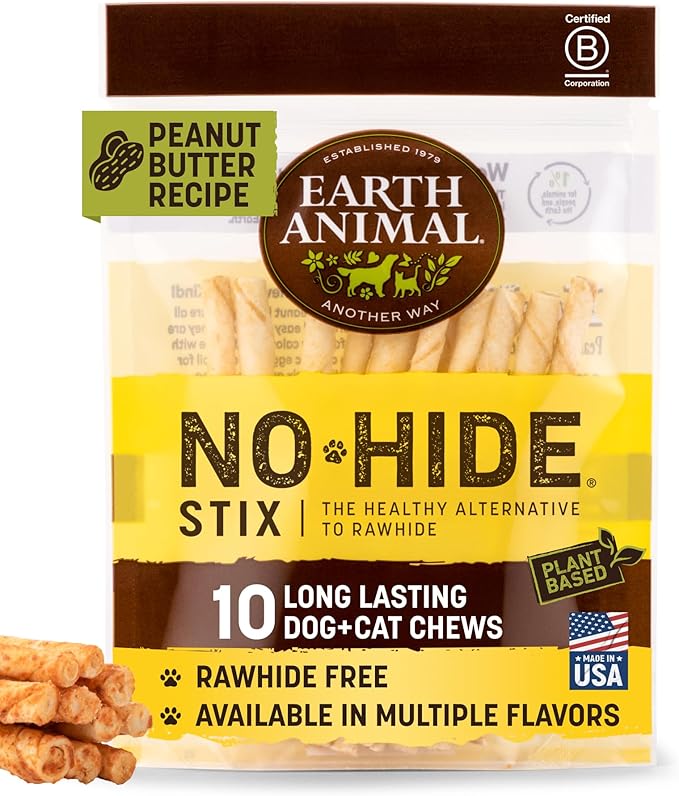 Earth Animal No Hide Stix - Long Lasting Rawhide Free Small Dog Chews Sticks, Peanut Butter - 10 Count