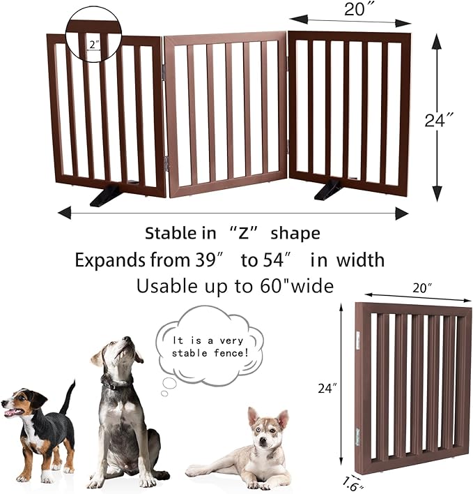 ZJSF Freestanding Indoor Dog Gate for House Foldable Wood Brown Puppy Gate for Doorways Pet Gate for Stairs Extra Wide Pet Fence 24" Height 3 Panels