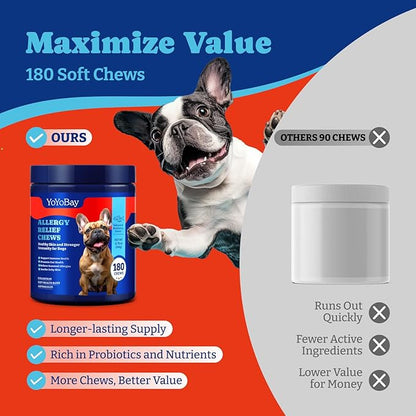 Dog Allergy Relief Chews – 180 Soft Chews, Salmon & Blueberry Flavor - Immune Support & Itch Relief with Colostrum, Astragalus Root, 6-Strain Gut Health Blend