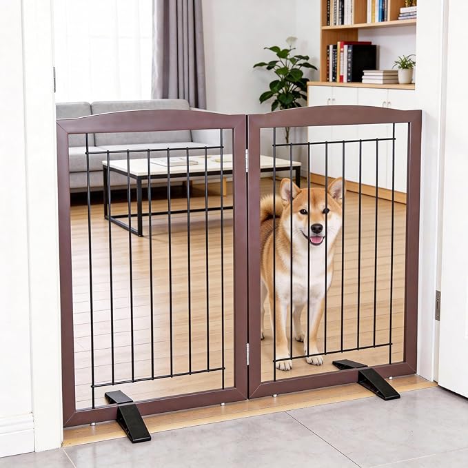 ZJSF Freestanding Dog Fence Indoor, Foldable Dog Gate for Doorways, Stairs or Hallways, Sturdy Wood Extra Wide Pet Gate with Support Feet for The House, Brown, 32 "Height-2 Panels